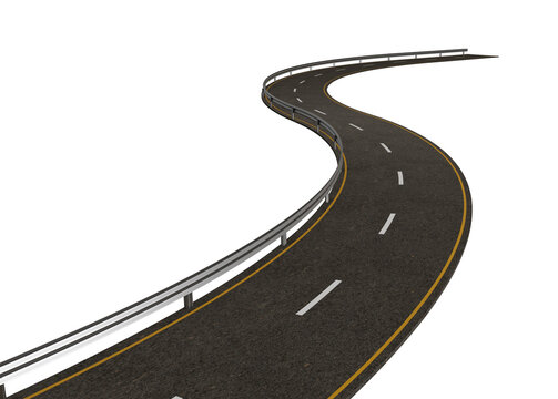 Empty road with lines, 3d illustration bending road travel and holidays advertising design isolated on abstract background. isolated highway 3d render, tire and car ad isolated.