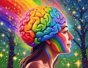 A digital illustration of the human brain with rainbows, glitter and sparkles, representing Autism, creativity, and neuro diversity