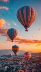 Colorful hot air balloons flying over enchanting cappadocia at sunrise, surreal and vibrant scene