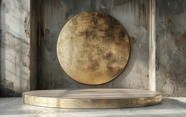 Fototapeta premium A large golden round artwork displayed on a stage against a rustic wall