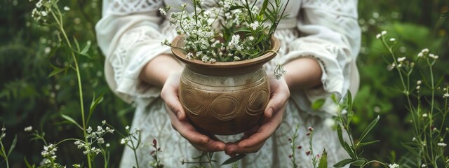 a woman collects medicinal herbs in a bowl. selective focus