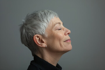 Fototapeta premium A close up of a woman's face with her eyes closed looking to a side