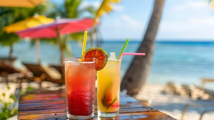 Tropical Cocktails on Beachside Table