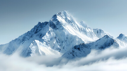 Majestic snow-covered mountain peak emerging from a sea of clouds under a clear blue sky, ideal for nature and adventure themes.