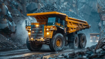 Heavy-duty mining dump truck loaded with ore drives through a rugged quarry with dynamic lighting