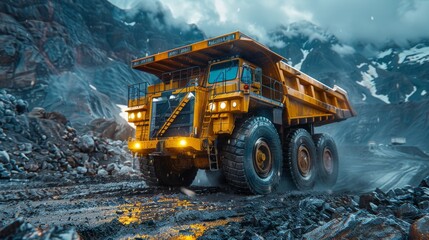 A mountain quarry with a fully loaded mining truck highlighted by vibrant lighting