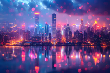 Obraz premium Stunning cityscape with colorful lights reflecting in the water. The skyline is illuminated, creating a vibrant and magical urban scene.