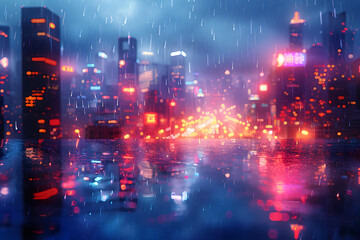 Fototapeta premium Vibrant cityscape at night in the rain, with colorful lights reflecting on wet surfaces, showcasing a futuristic urban environment.