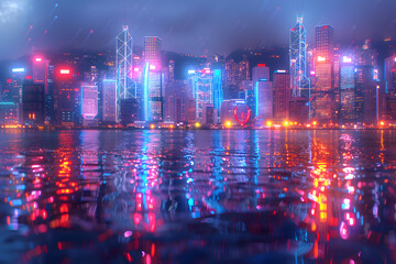 Fototapeta premium Vibrant urban cityscape with neon lights reflecting on water, captured during a rainy night, highlighting modern architecture and dynamic energy.