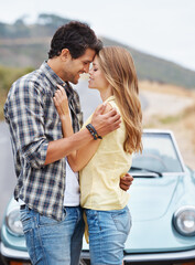 Travel, love or happy couple hug on road trip on holiday for break, romance or adventure in countryside. Date, convertible or people at car vehicle for outdoor vacation, journey or care on honeymoon