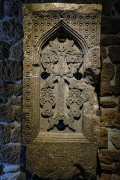 A khachkar or Armenian cross-stone in the Tatev Monastery, located near the village of Tatev in Armenia.