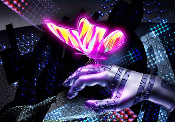 Robot hand with butterfly. 3d render