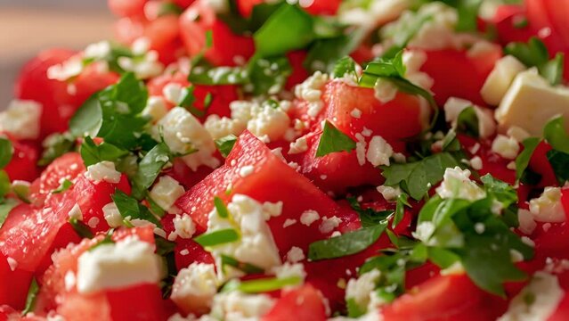 A delicious watermelon and feta salad showcasing the perfect combination of sweet and savory flavors from the local farms.