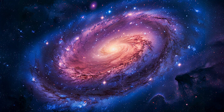 Foto Realista de una Galaxia Espiral: Luz Azul y P&uacute;rpura Brillante con Estrellas Centelleantes en el Centro sobre un Fondo Oscuro - Imagen Cinematogr&aacute;fica Hiperrealista de Alta Resoluci&oacute;n