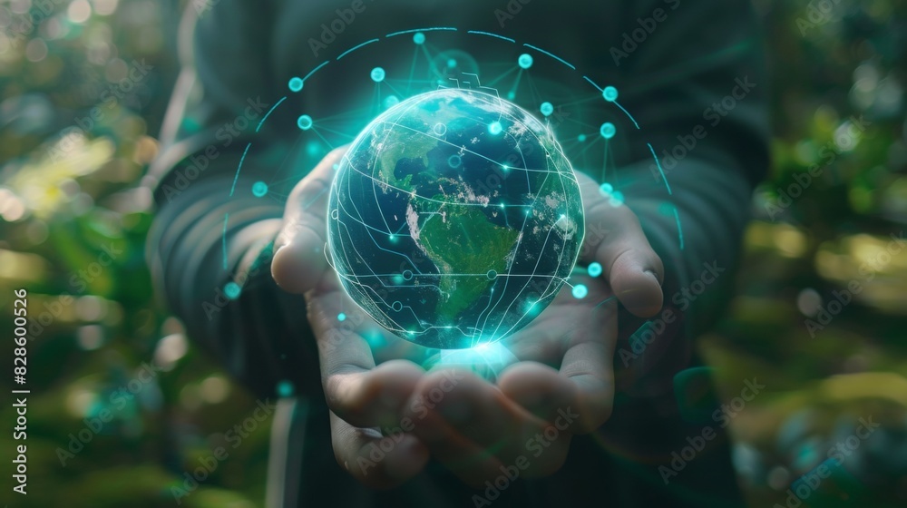 Wall mural man hands holding global network and data customer connection on nature background