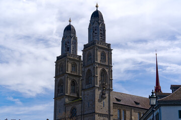 Looking up twin towers of Great Minster church at Swiss City of Z&uuml;rich on a sunny spring day. Photo taken April 5th, 2024, Zurich, Switzerland.