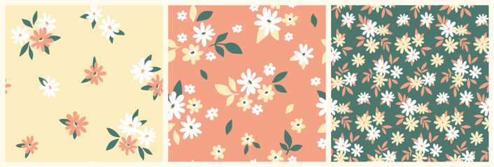Seamless floral pattern, liberty ditsy print, abstract ornament of mini cute plants. Pretty botanical design set: small hand drawn daisy flowers, tiny leaves, cute simple bouquets. Vector illustration © Yulya i Kot