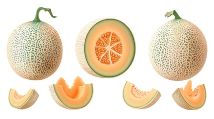 Fresh cantaloupe melon with whole and sliced pieces against a white background, displaying juicy orange flesh and textured rind.