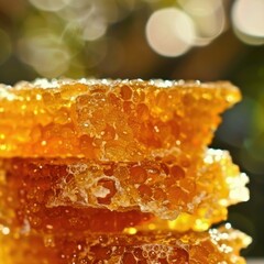 close-up of honey in honeycombs. Selective focus