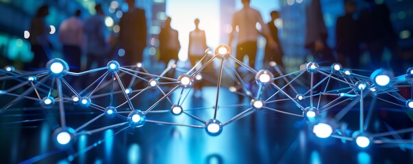 Networking connections in a modern, dynamic city with people in the background, representing technology and digital communication.