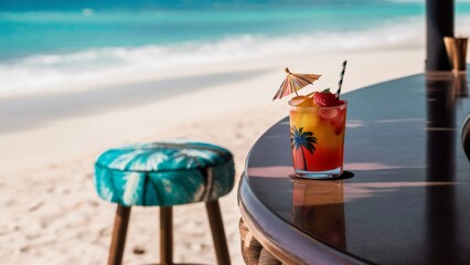 A drink on a table at the beach with an umbrella, AI