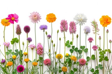 A diverse collection of colorful wildflowers, including daisies, clovers, and various other blossoms