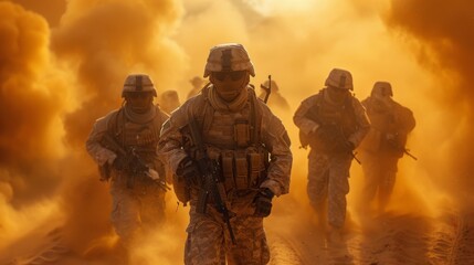 Soldiers geared up for military missions march through an orange fog, conjuring intensity and urgency