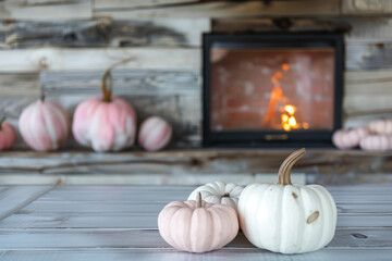 Halloween pastel light pink white pumpkins isolated on plain empty wood table for POD fall autumn product mockup banner with fire square fireplace in blur background natural cozy farmhouse chic home