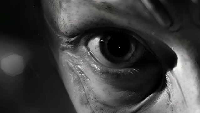 A close-up of human eye in black and white, detailed with visible textures