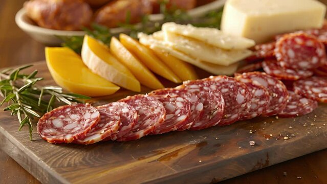 A symphony of flavors on a charerie board with peppery salami sweetness from dried mango and hints of e from jalapeno jack cheese.