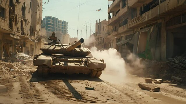 A tank maneuvers through a debris-filled street, flanked by buildings. Dust swirls around its tracks