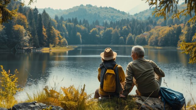 Elderly Couple Hiking by Lake: Nature Retreat and Relaxation
