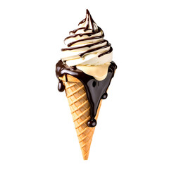 Ice cream cone with vanilla icecream and chocolate sauce isolated on a transparent background