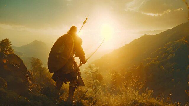 A warrior stands in silhouette against a dramatic sunset, creating an inspiring scene