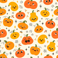 Vector seamless pattern of cute cartoon pumpkins for Halloween, Thanksgiving, harvest, autumn season design of wrapping paper, textile, wallpaper