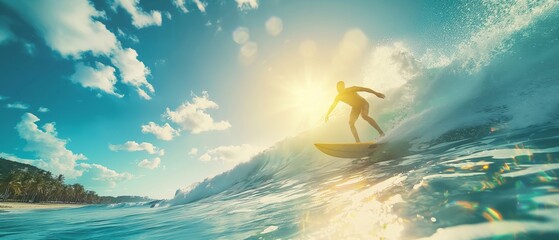 Fototapeta premium Silhouette of a surfer riding a wave during a sunset with vibrant sky and ocean scenery, capturing the thrill and beauty of surfing.