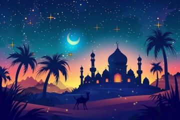 Eid al-Adha concept illustration, flat design with copy space for text, front view, cartoon drawing, vivid, complementary color scheme