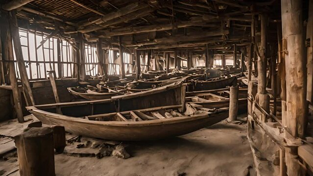A rustic building with bamboo framework houses a collection of wooden boats