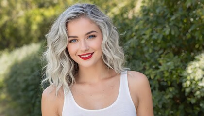 Fototapeta premium Beautiful young smiling woman with perfect skin, gray hair, red lips and a white tank top, outdoor background.