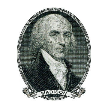 Vector high pixel mosaic portrait of the 4th US President James Madison in an oval and with a ribbon. Sticker or badge. White isolated background.