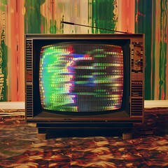Retro TV with a green screen displaying static and colorful interference patterns