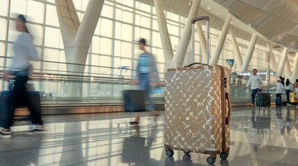 Brown suitcase in modern airport terminal. Luggage, travel, journey, transportation concept