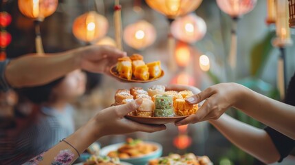 Diverse hands sharing traditional dim sum dishes in a lantern-lit Asian setting. Cultural food exchange, sharing, Asian cuisine, social dining concept