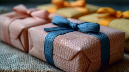 Three gift boxes with pastel coloring and matching ribbons presented on burlap - Powered by Adobe