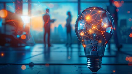Innovative ideas and teamwork in modern office with illuminated light bulb, symbolizing creativity and technology.