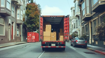 Open moving truck on an urban street with cardboard boxes inside. City relocation, moving day, urban transition, residential moving concept