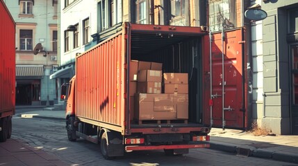 Naklejka premium Red delivery truck with open container on urban street. Cardboard boxes. City logistics, courier service, transportation, delivery concept