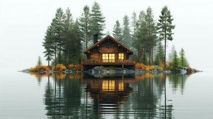 Fototapeta premium A cabin sits beside a serene lake, nestled among tall trees in a tranquil forest setting
