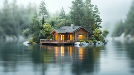 Obraz premium A lone house sits on a small island in the center of a tranquil lake, surrounded by water under a clear sky