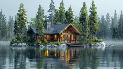 Obraz premium A cabin stands on a small island surrounded by water in the middle of a lake